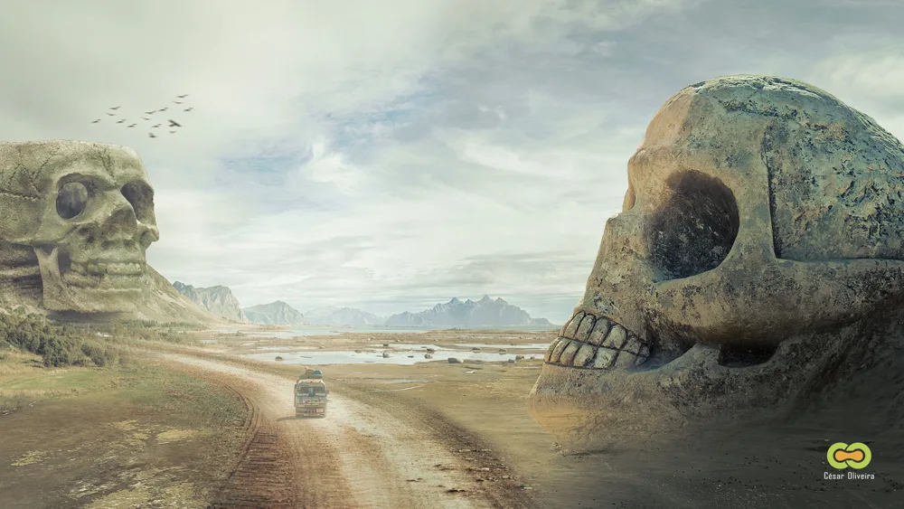 Caveiras · Paisagem surreal. Composição e manipulação de imagens sem IA.