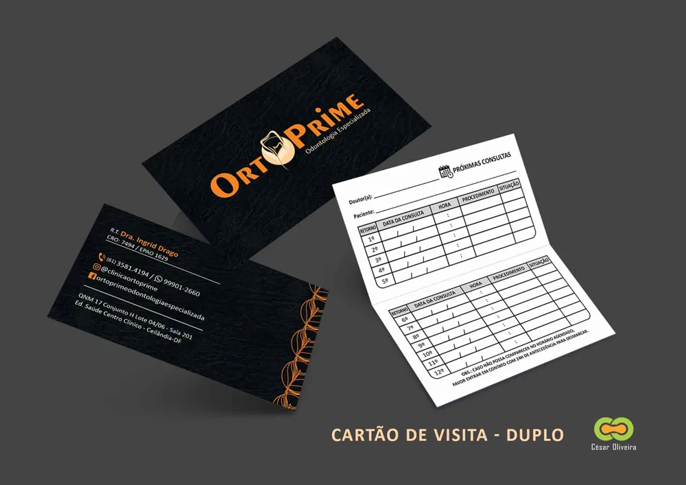 Ortoprime · Cartão duplo. Design e identidade aplicados ao impresso.